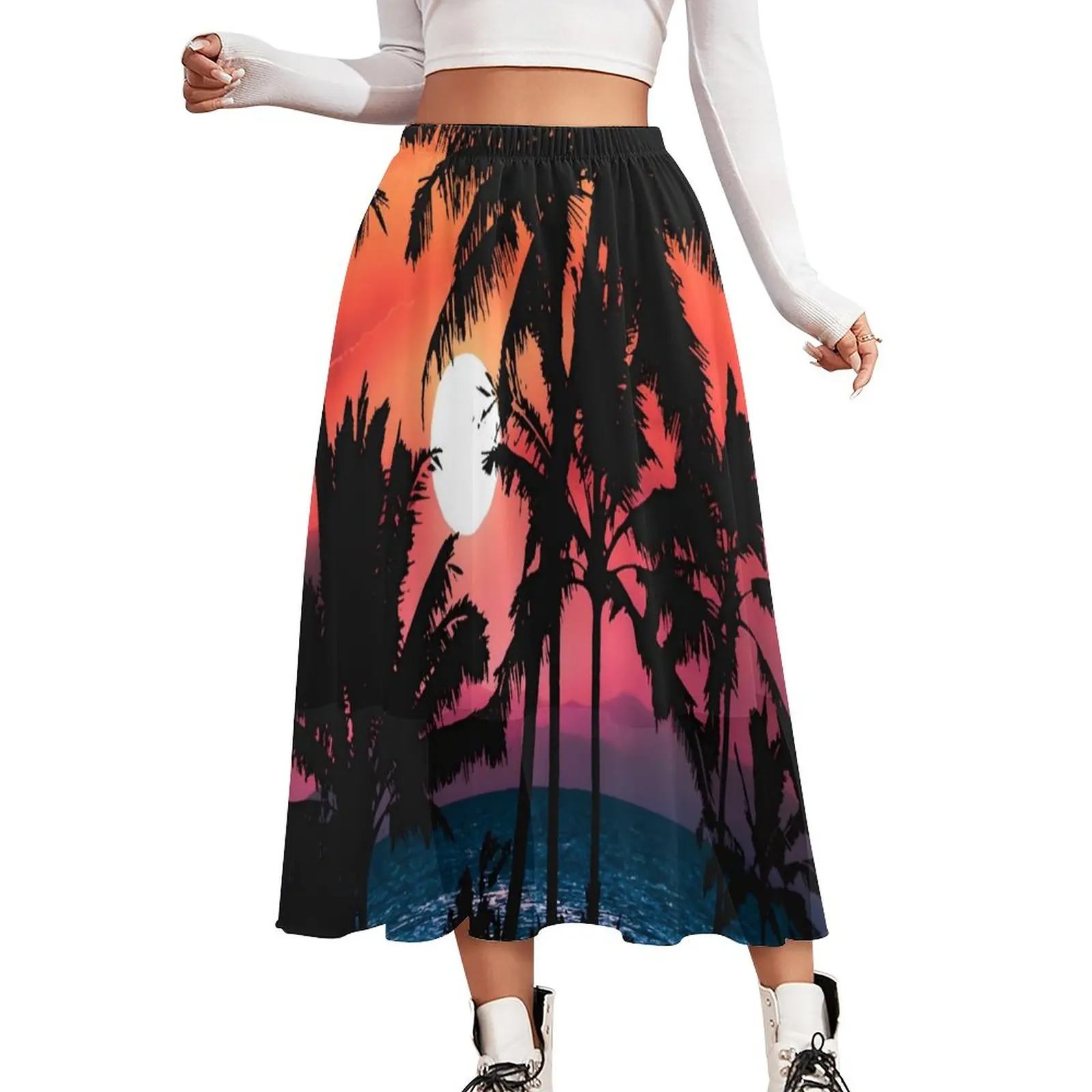 

Summer Palm Trees Skirt Tropical Sunset Kawaii Boho Skirts Summer Aesthetic Elastic Waist Chiffon Custom Big Size Casual Skirt