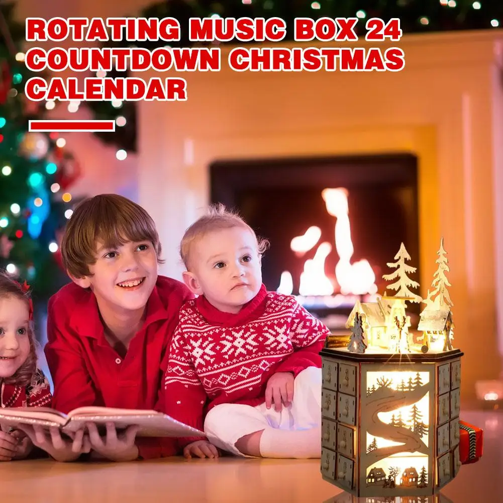 

LED Rotating Music 24 Countdown Christmas Calendar Wooden Christmas Advent Calendar Ornament For Festival Decor S7Z9