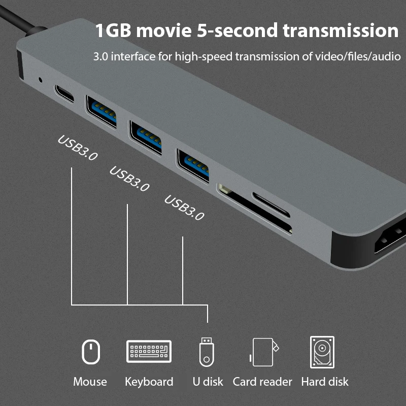 Type C 7 in 1 HUB USB3.0 Hub HDMI PD87W 4K 30Hz High Definition Converter SD TF Card Reader