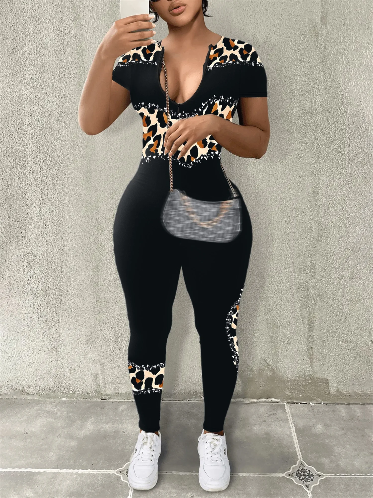 

LW Leopard Print Long Sleeve Bodycon Jumpsuits Spring & Fall Front Zipper Up Skinny Romper Sporty Streetwear Casual Jumpsuit