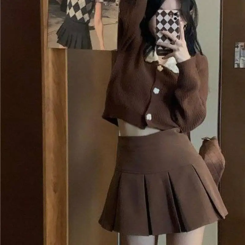 crop top with skirt Korean Fashion Autumn Pleated Skirt Women Clothing Vintage Preppy Folds Mini High Waisted Skirt Brown y2k Clothes Women's Skirts long skirts