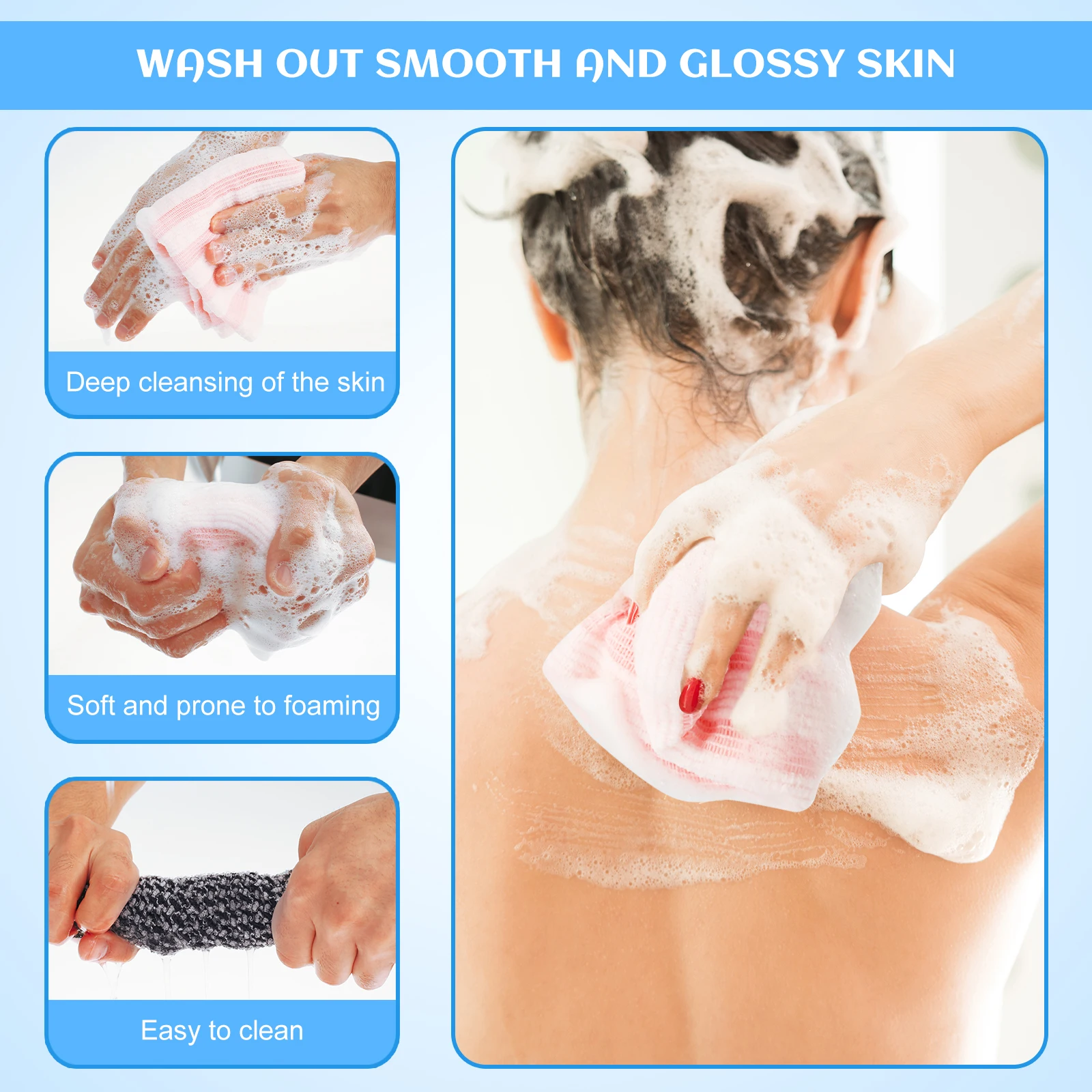 4Pcs Japanese Rubbing Washcloth Bath Nylon Towel Brush for Back Towels Exfoliating Scrub Shower Sponge Body Bathroom Accessories