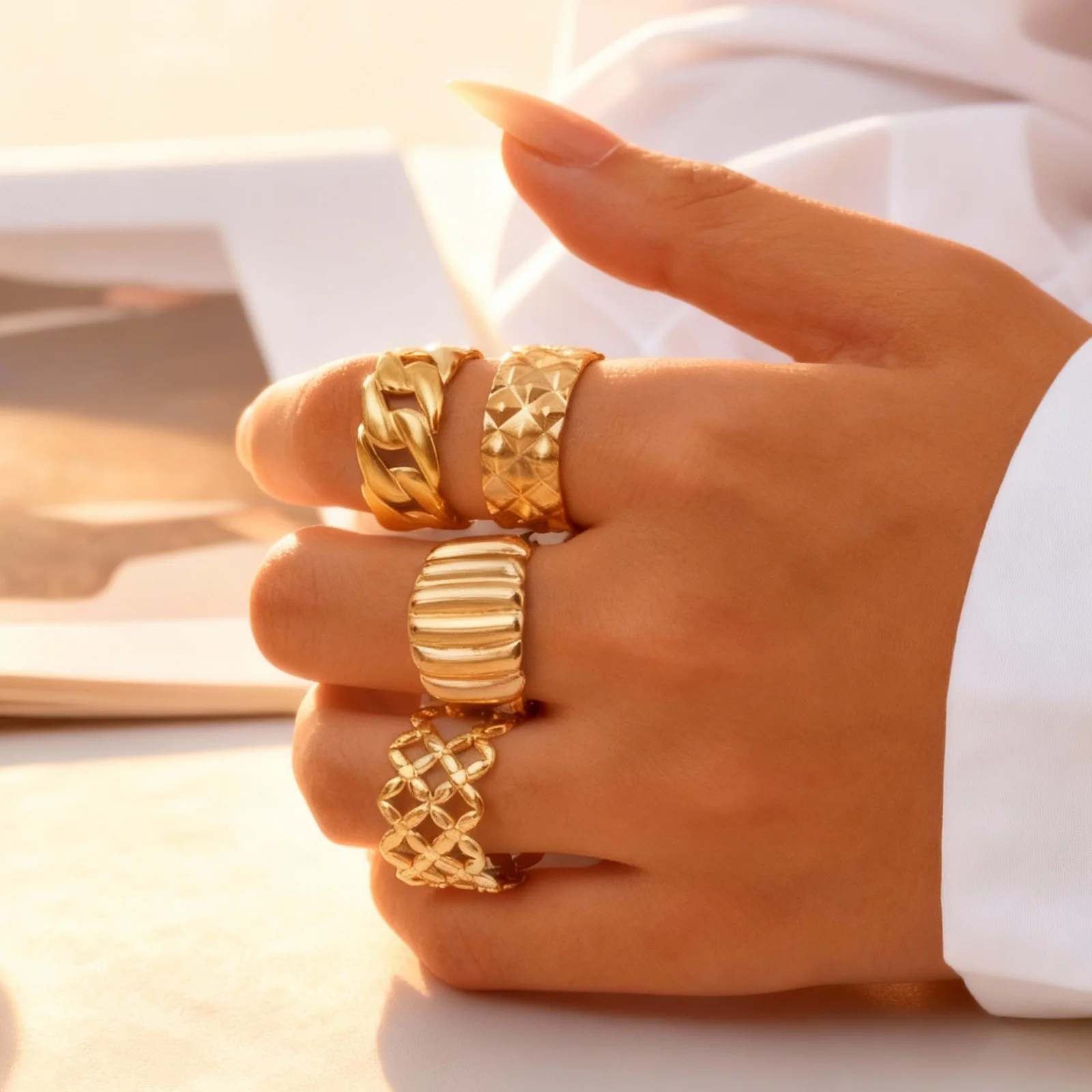 Goldfarbene Edelstahl-Ringe für Damen, Breite Geometrische Offene Ringe, Wasserfester Minimalistischer Fingerschmuck als Geschenk