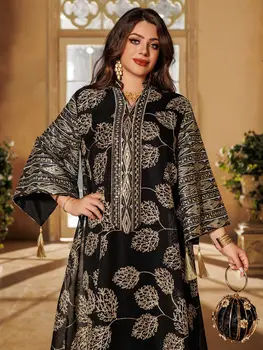 2025 Muslim Women's Black Islamic Embroidered Abaya with Gold Detailing Ideal for Formal Events in Middle East like UAE Saudi 1