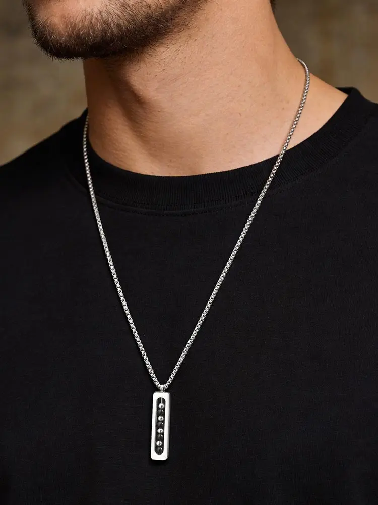 Trendige silberfarbene Stabketten für Männer, geometrische Edelstahl-Anhänger-Halskette, minimalistisches Geburtstagsgeschenk für Väter. – Detail 7