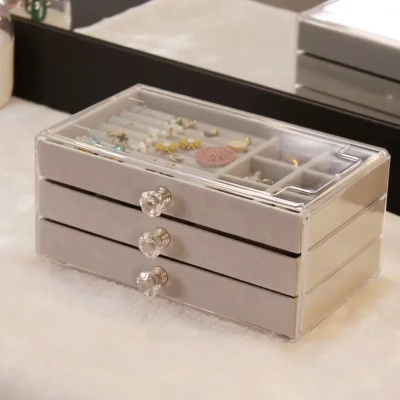 Jewelry Organizer Velvet Acrylic 3 Drawers Stackable Display Storage Earrings Necklace Bracelets Box Holder Case For Women
