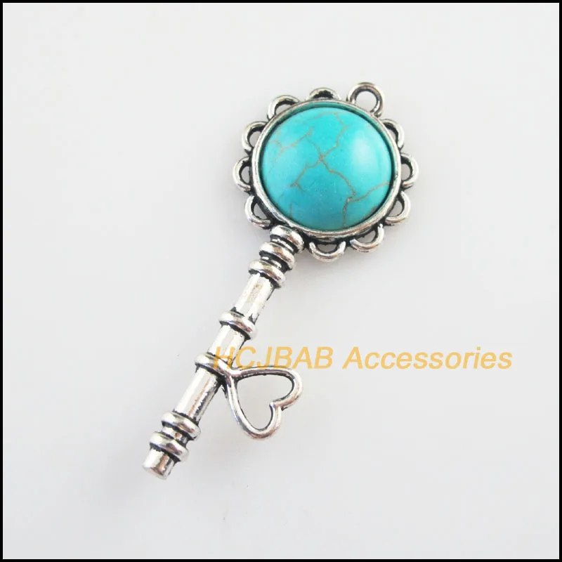 

Fashion 4Pcs Tibetan Silver Plated Key Heart Round Blue Stone Charms Pendants 23.5x56mm