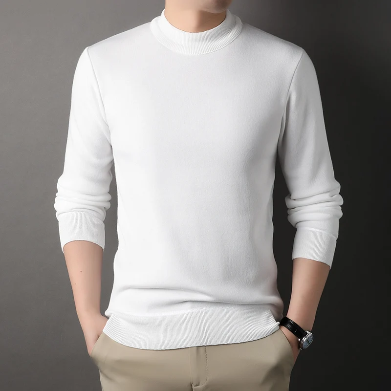 Mens Round Neck Sweater Fleeced Knitwear Solid Color Velvet Jumpers Slim Fit Elegant Luxury Brand Brown Knitted Sweaters 5