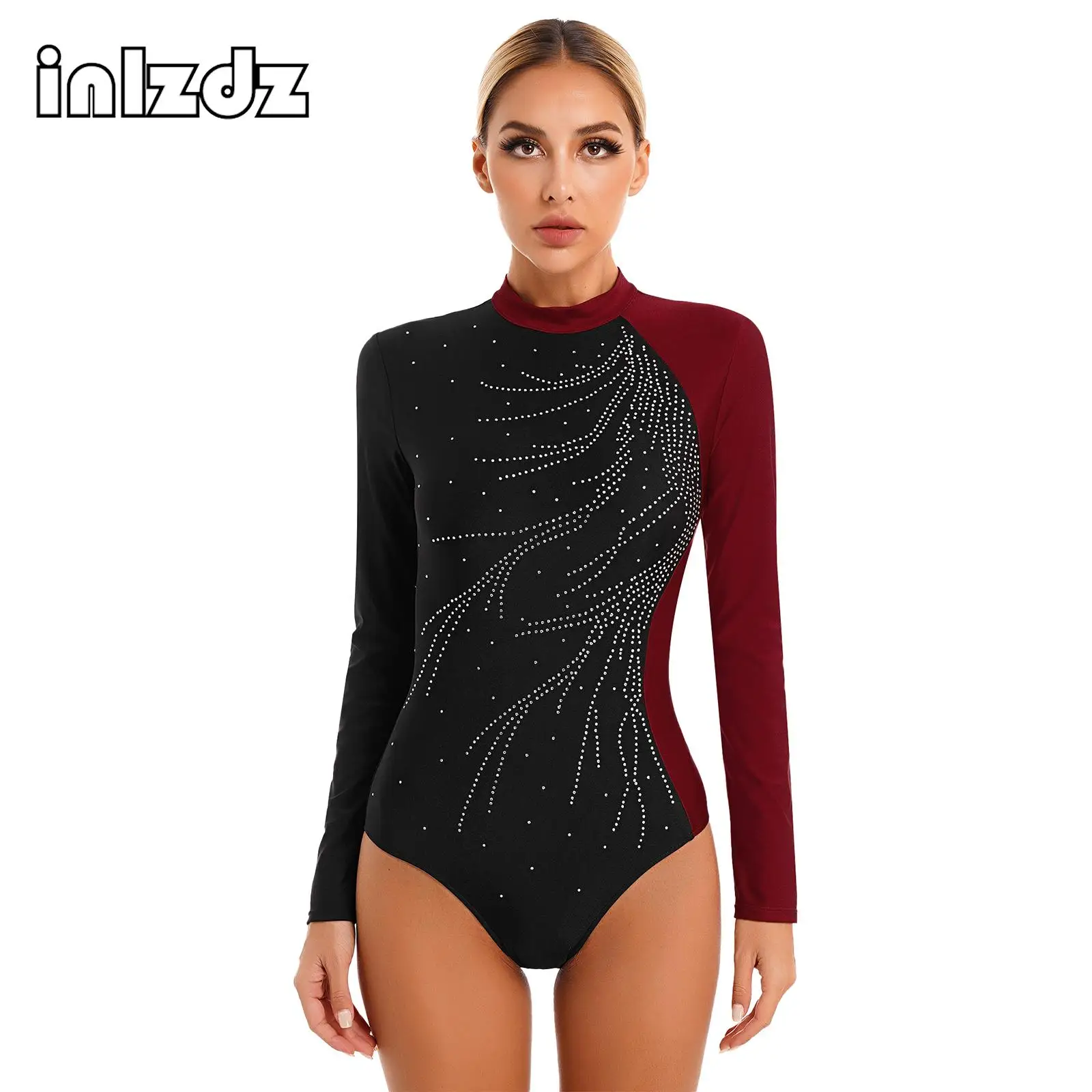 

Women Rhinestones Long Sleeve Gymnastics Leotard Figure Ice Skating Leotard Bodysuit Ballet Dance Acrobatics Competition Costume