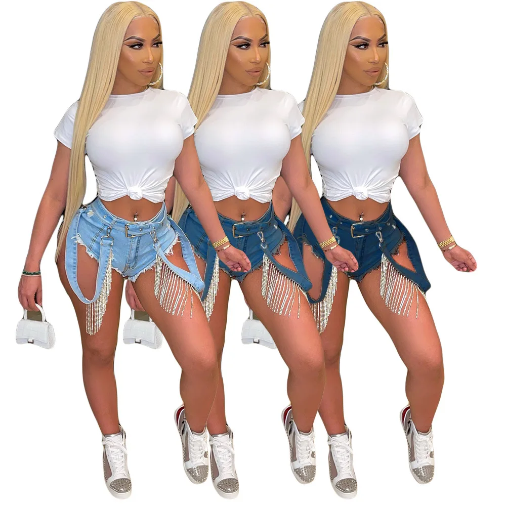 

Summer Women's Sexy Rhinestone Flow Comb Shorts Denim Shorts