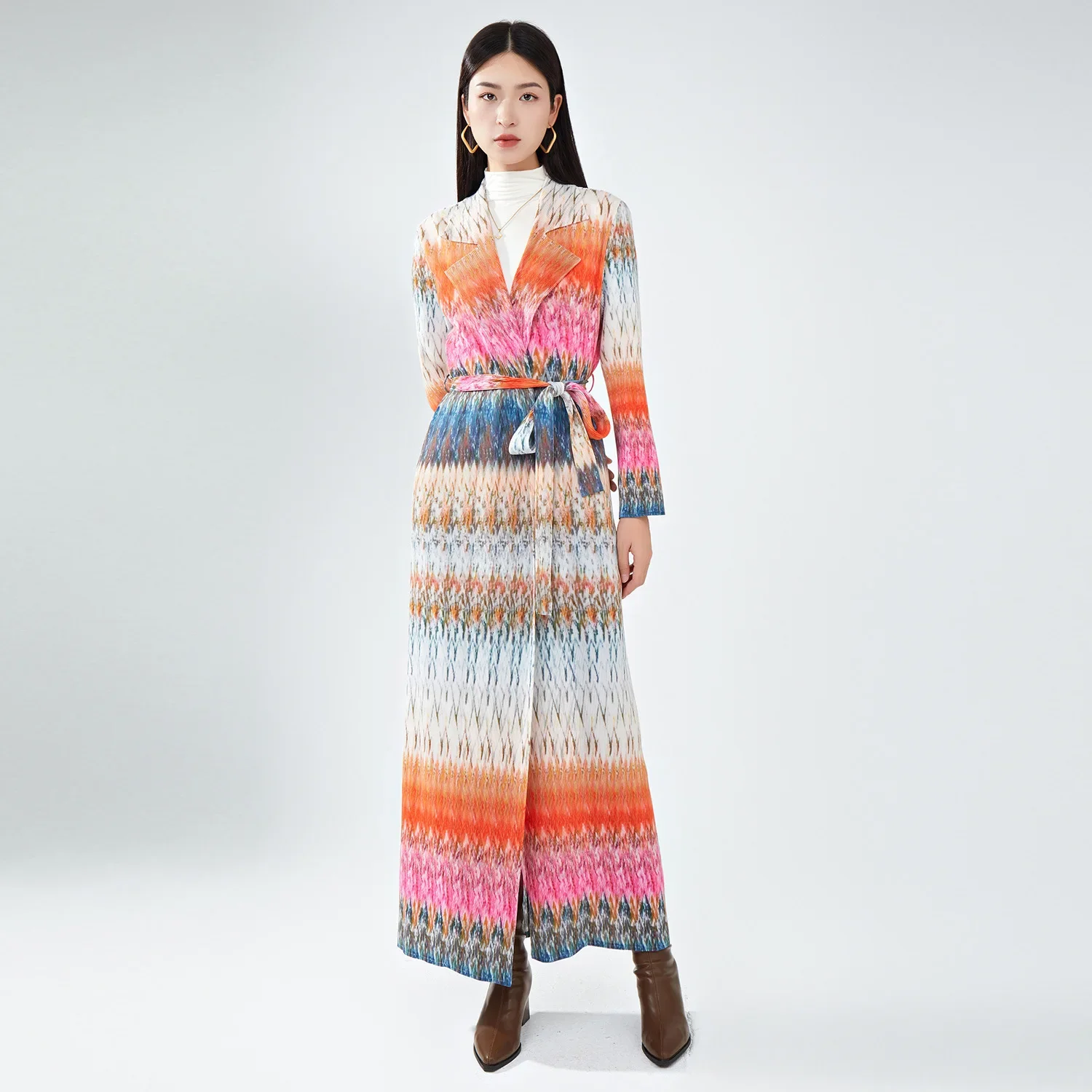 

Miyake Original Bohemian New Ethnic Wind Printed Trench Coat Long Women Senior Sense of Tie Draped Pleated Coat Jacket Fall