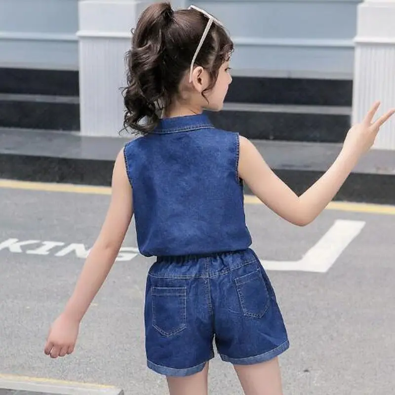 Girls Clothing Sets Summer Fashion Lapel Sleeveless Tops and Shorts Sets Teen Kids Clothes Suit Children Denim Girls Tracksuit