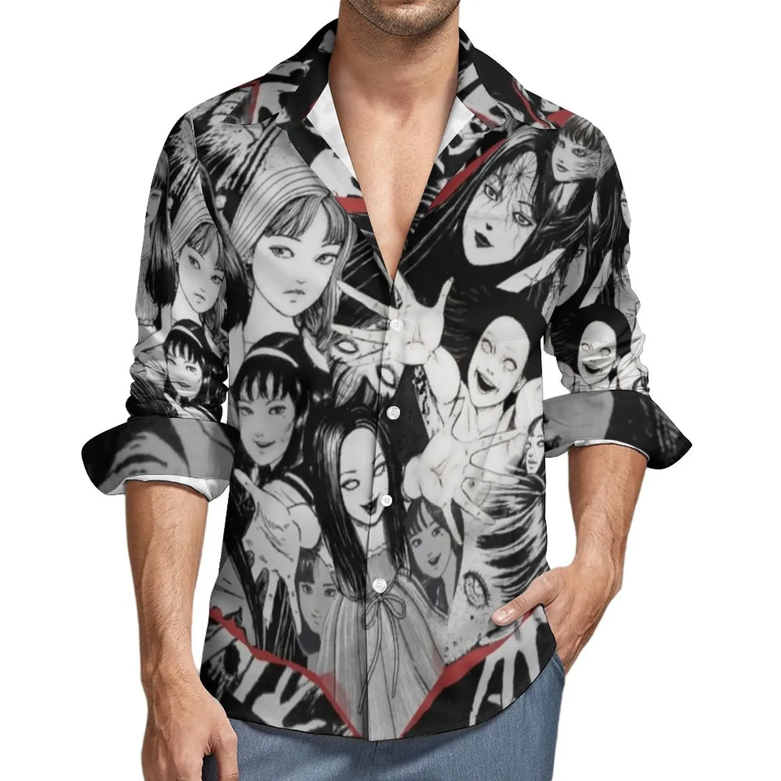 

Junji Ito Tomie Valentines Day Shirt Autumn Horror Manga Casual Shirts Male Loose Blouses Long Sleeve Design Aesthetic Tops