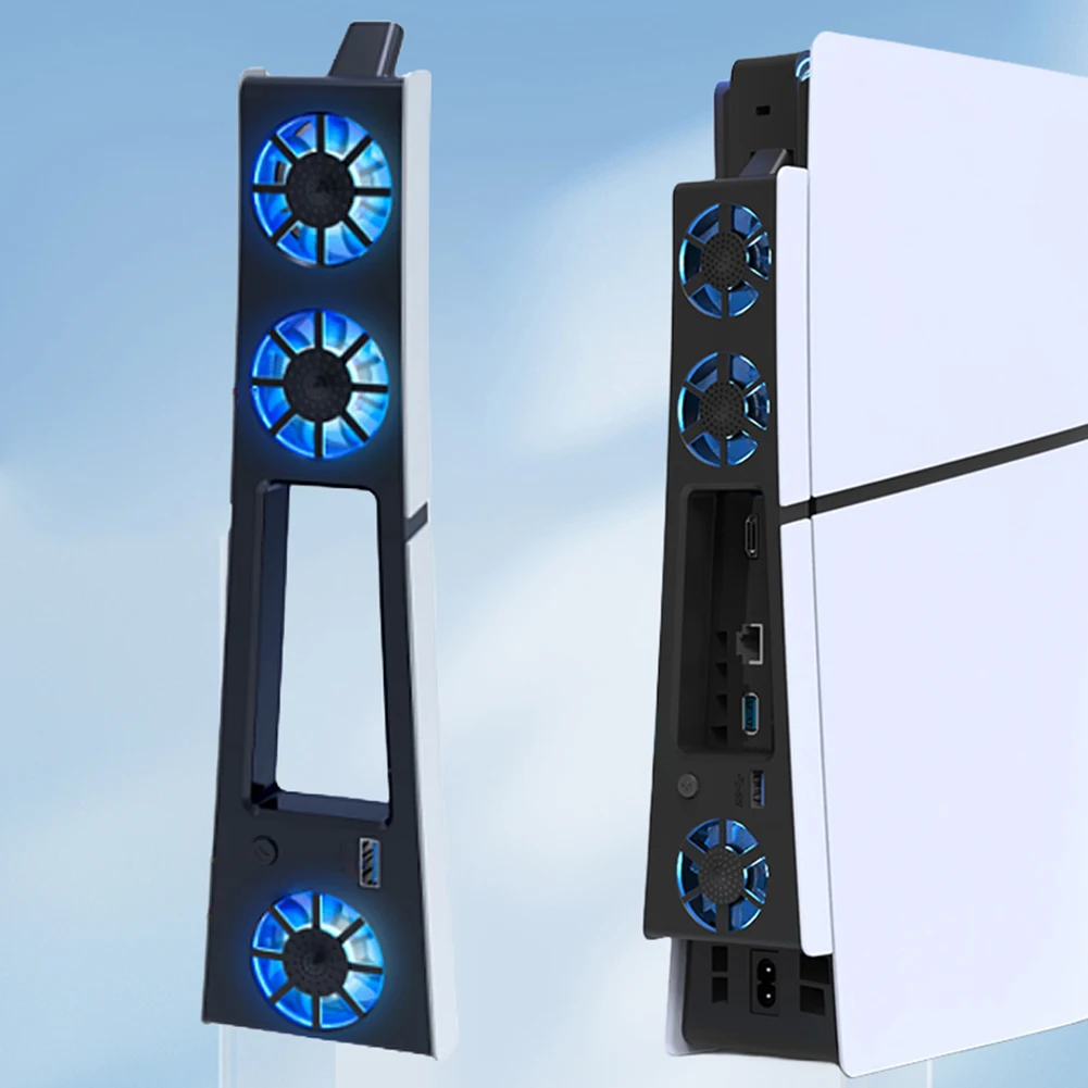 For PS5 Slim Cooling Fan for Playstation 5 Slim Disc Edition/Digital Edition Noise Reduction with USB 3.0 Port with LED Light