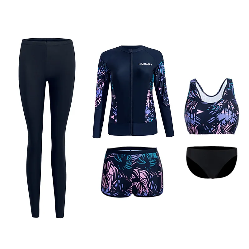 Unisex 3-5 Piece Rash Guard Swimsuit Set Long Sleeve Zipper Bathing Suit Wetsuit Beachwear Tankini Tracksuit with Boy Shorts