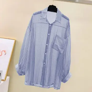 Summer Sunscreen Shirt Elegant Perspective Thin Chiffon Blouse Korean Harajuku See Through Loose Top Casual Women's Cardigan 5