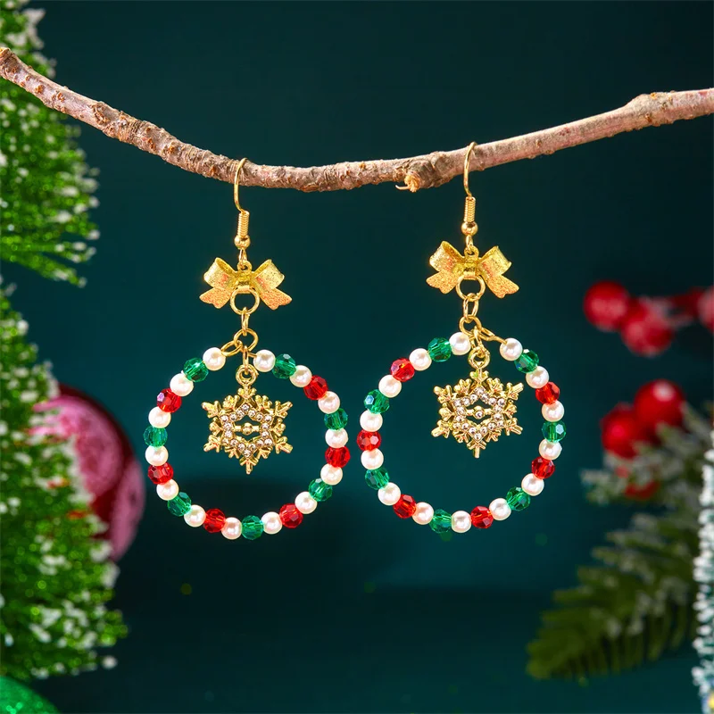 Funkelnde Weihnachts-Schneeflocken-Ohrringe für Frauen, zarte Weihnachtsstern-Reisperlen-Tropfenohrringe, Party-Schmuckzubehör – Detail 6