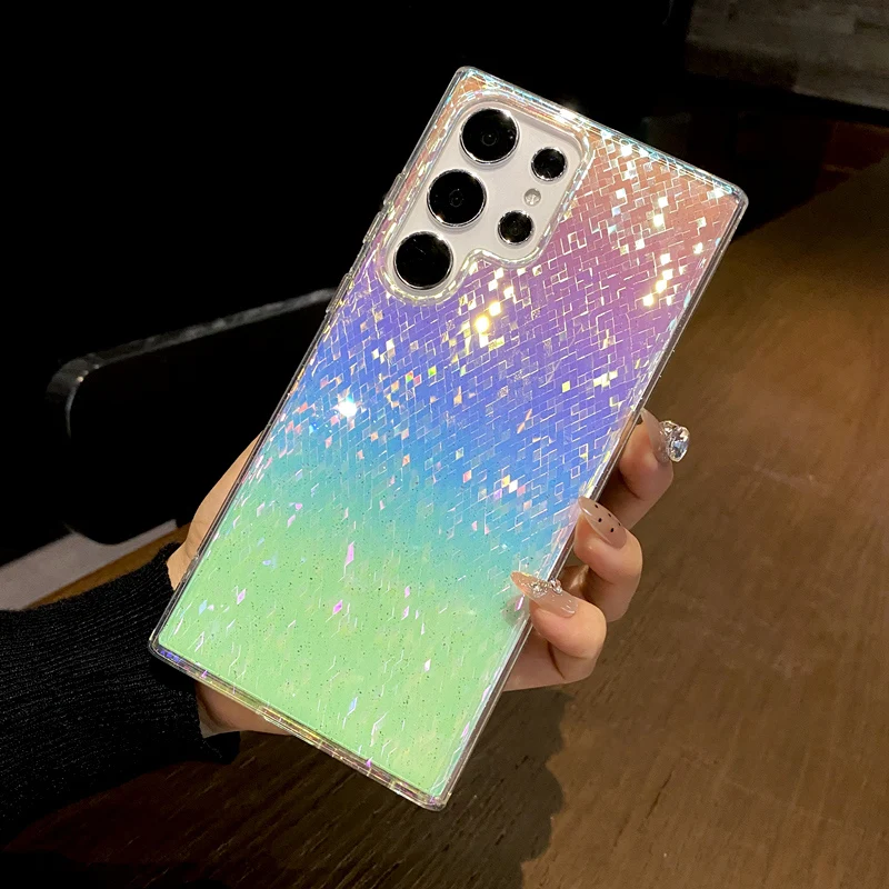 Laser Gradient Glitter Bling Wireless Charging Magnetic Case with Rhombus Grid Design