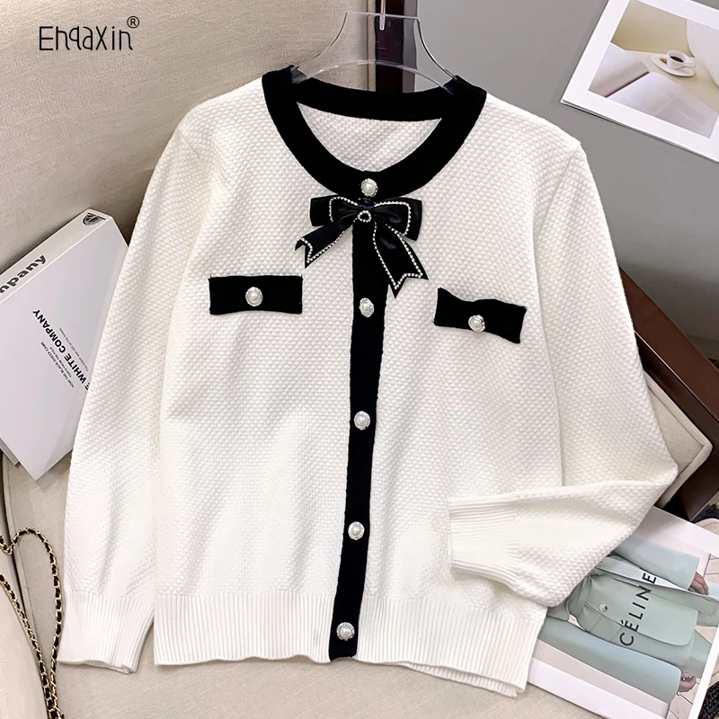 

EHQAXIN 2022 Fall Ladies Knitwear Tops Fashion New Blouse Stitching Bow Button Knitwear Loose Tops For Womens L-4XL