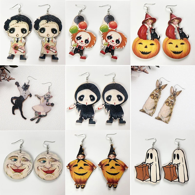 

Wooden Halloween Ghost Earrings Fall Pumpkin Earrings Cute Fun Quirky Jewellery Black Cat Bat Skull Rabbit Post Earrings Jewelry