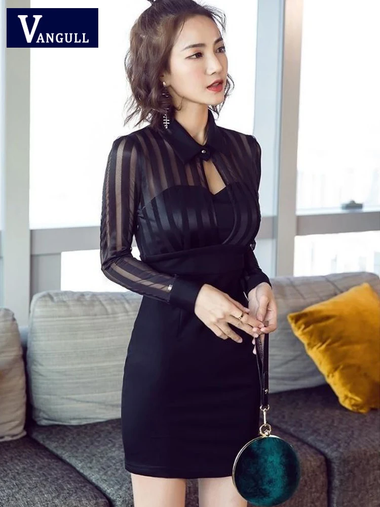 

Vangull Sexy Black Slim Mini Dress Women Lace Patchwork Long Sleeve Dress Female Summer New Solid Wrap Hip Ladies Party Dress