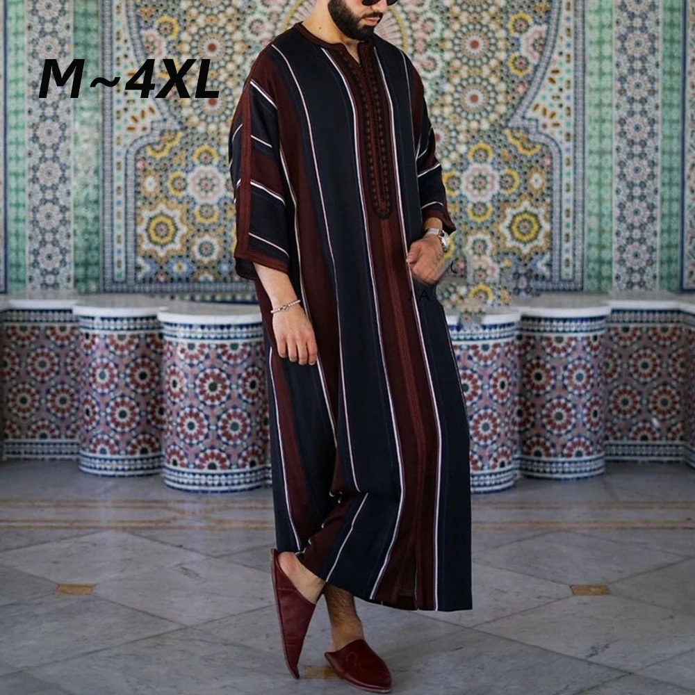 Men Vintage Abaya Arabic Muslim Long Robes Islamic Clothing Loose Shirt Jubba Thobe Stripe Saudi Arab Middle East Muslim Dresses