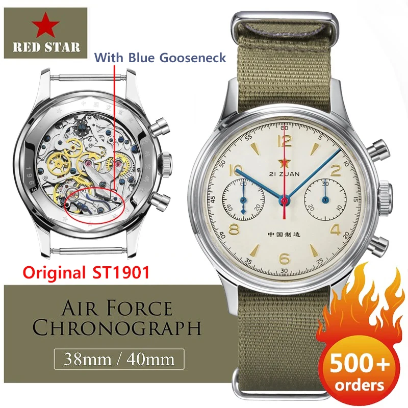 Red Star 38Mm Cronografo Da Uomo 1963 Orologio Meccanico Pilota Originale St1901 Movimento Maschile Air Force Aviation Sapphire Goose 40Mm