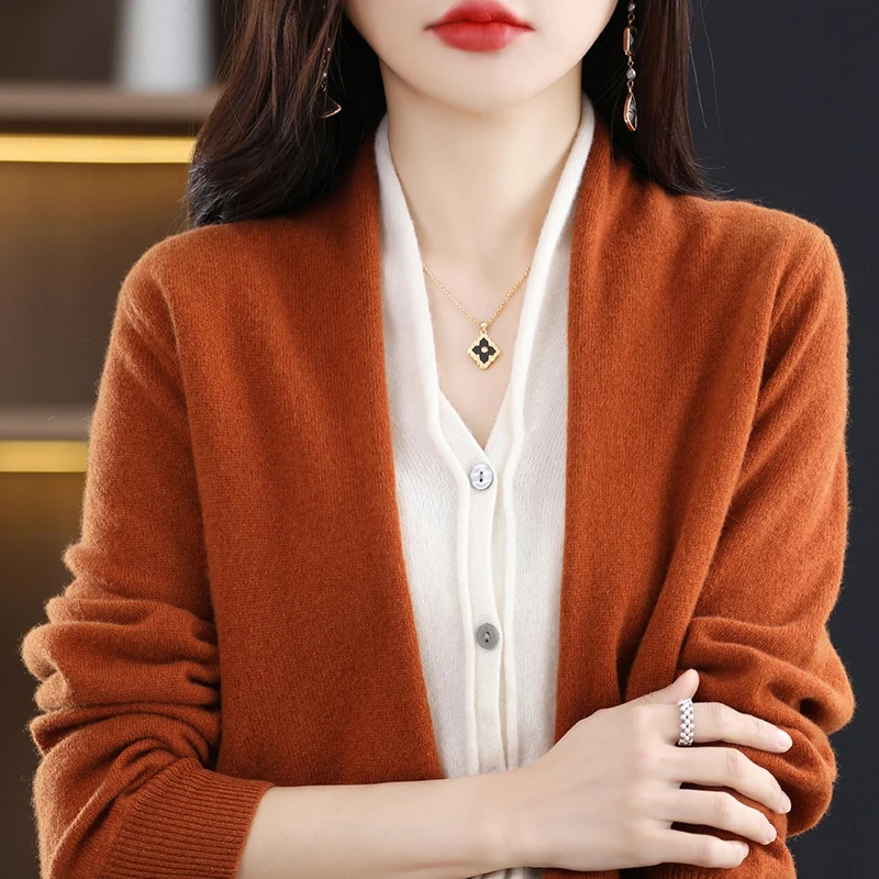 

Fake Two-Piece Set 100% Fleece Cardigan Women's Early Autumn New V-neck Loose Thin Sweater Matching Color Wild Wool Knitted Coat