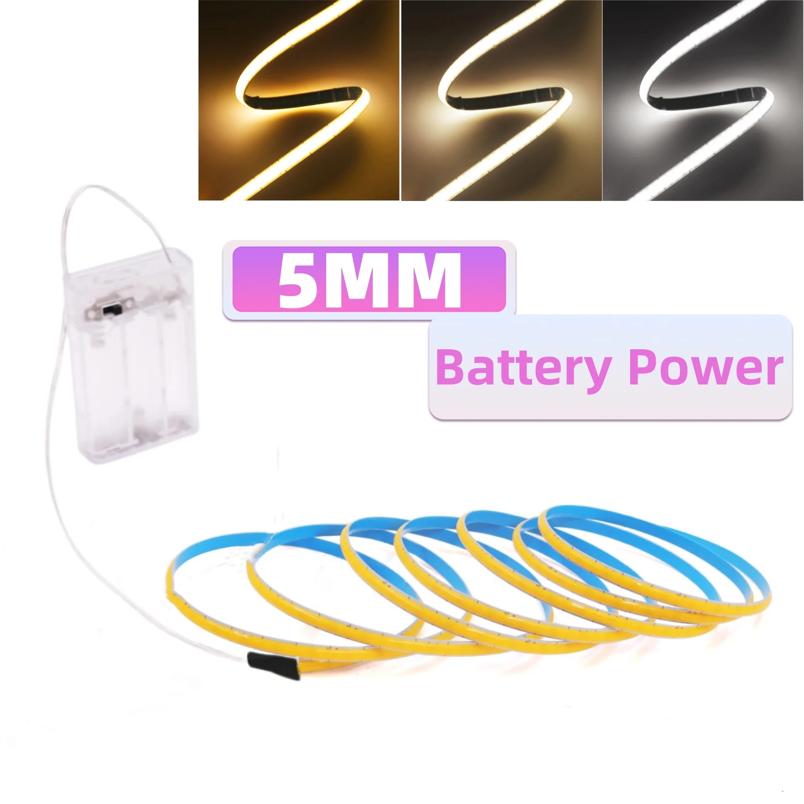 High-Density Flexible LED Strip Lights - Battery Powered, Warm & Cool White, RA90 Quality