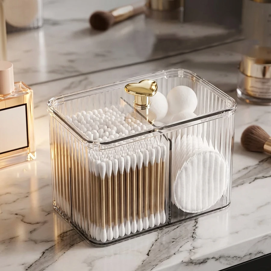 Qtips Holder Bathroom Container Cotton Ball/Swabs Dispenser,3 Grids Apothecary Jar Organizer Cosmetics Storage for Vanity