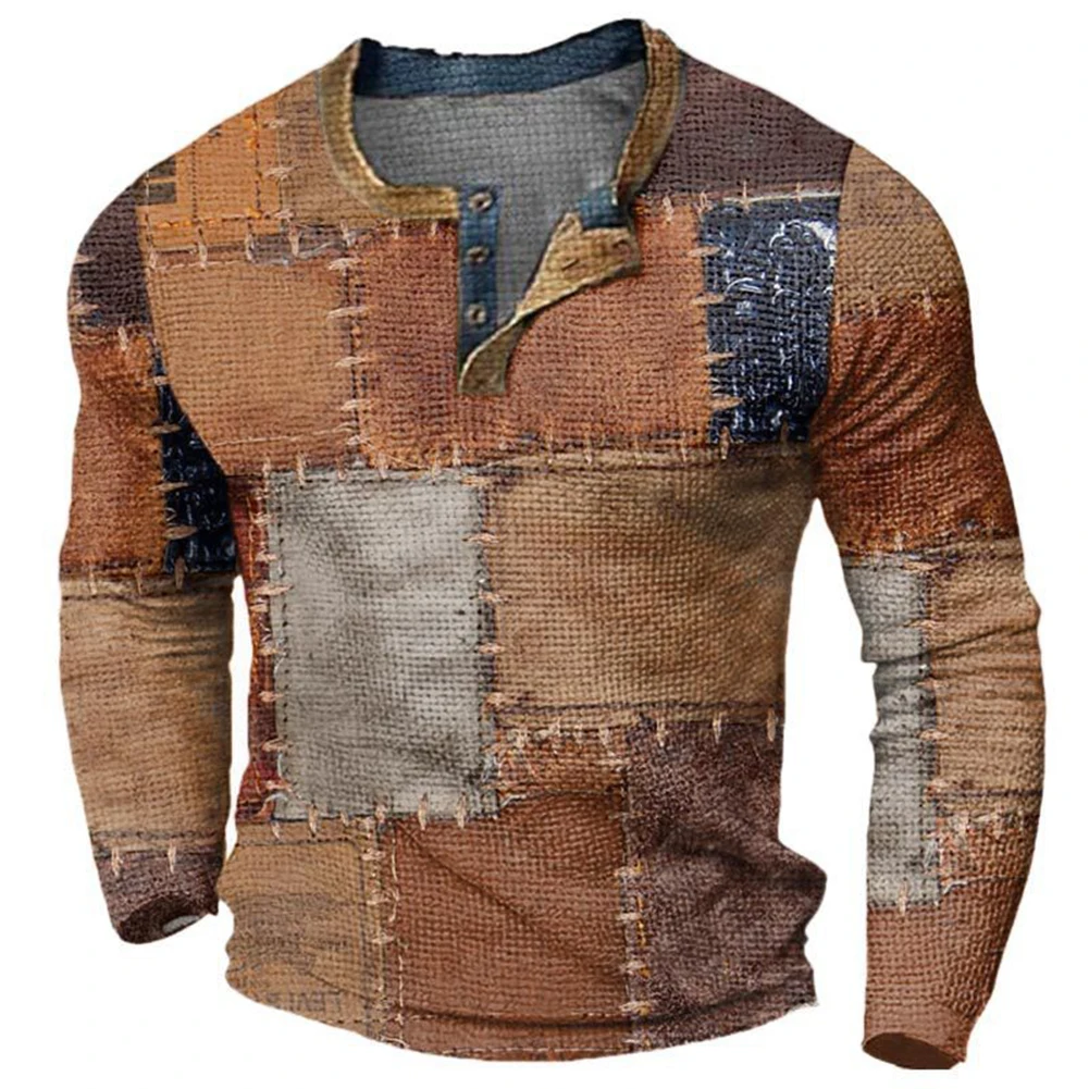 

Fashion Vintage Men's Patchwork T Shirt Long Sleeve Button Henley Neck Pullover Slim Tees Tops T Shirts Man Clothing