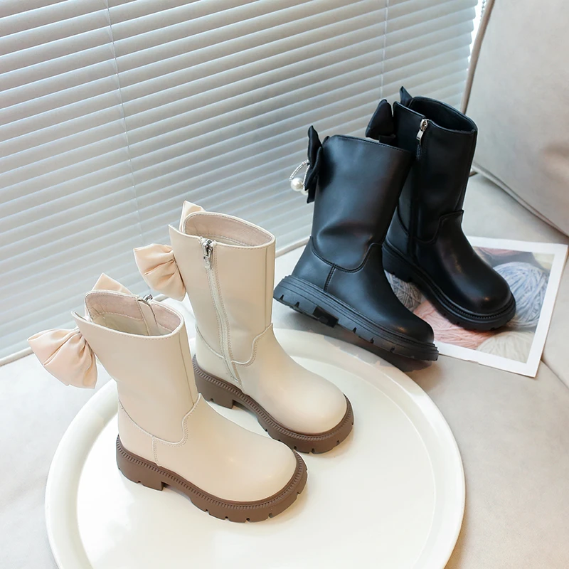 Leather Kids Boots with Big Bow for Autumn