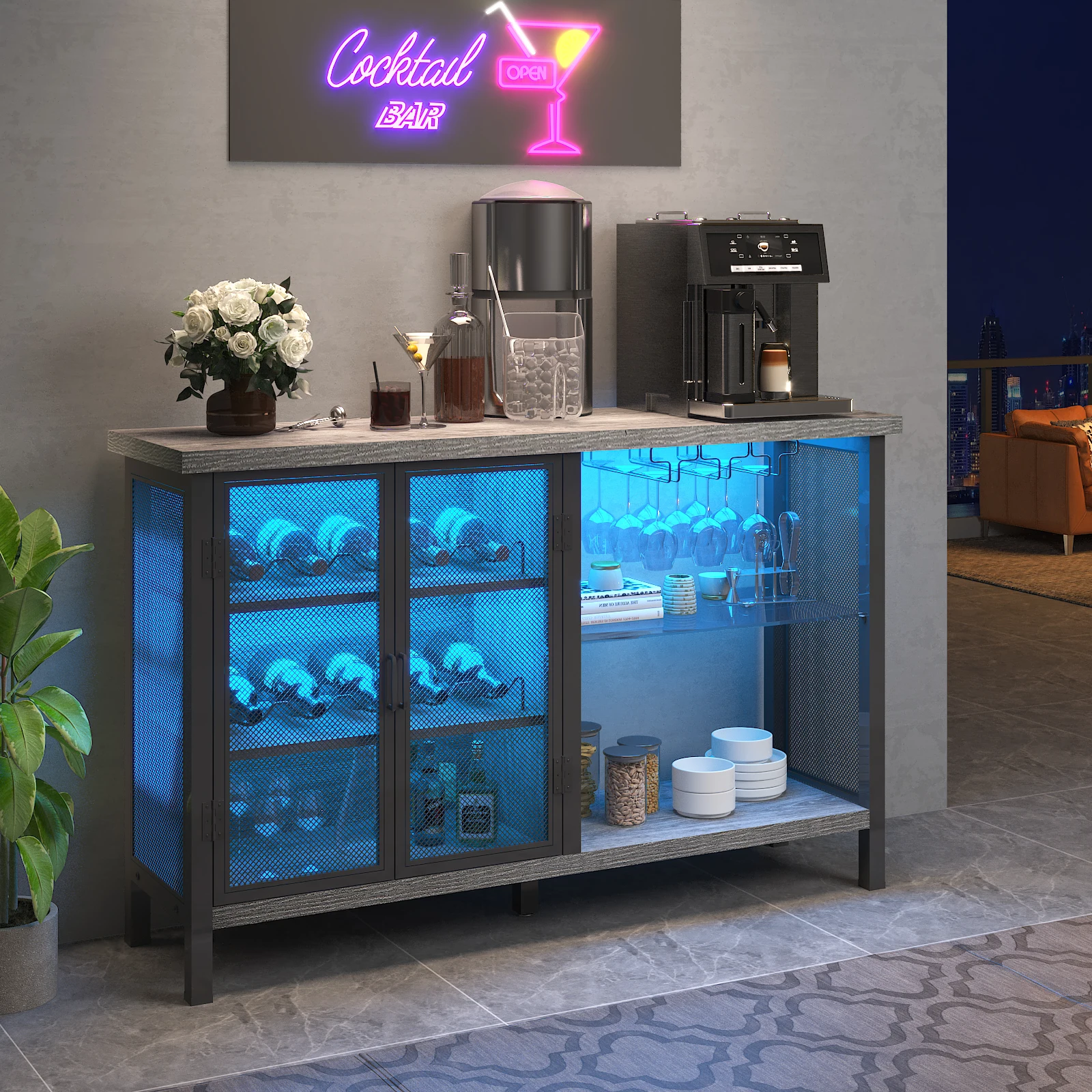47 In Industrial Bar Cabinet for Liquor and Glasses, Rustic Wine Bar Cabinet with Wine Rack & Doors, Wash Grey/Rustic Brown/Oak