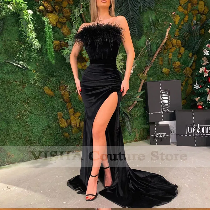 

Aso Ebi вечерние платья-русалки 2022, черное платье с перьями для выпускного вечера, вечерние платья на заказ