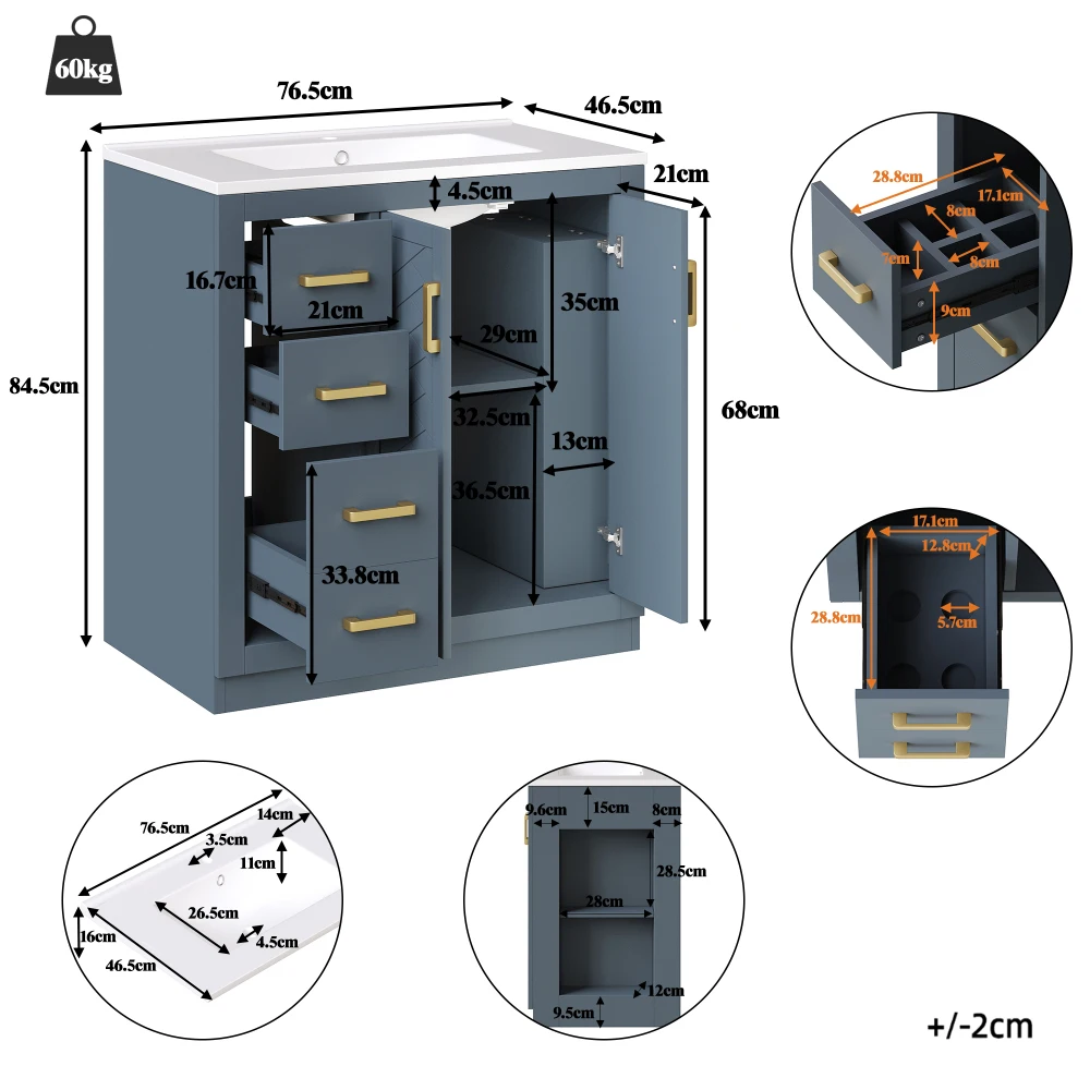 Moderner Freistehender Waschbeckenunterschrank mit Waschbecken & 2 Schubladen, Badezimmerschrank mit Viel Stauraum, Hochwertiger Badezimmerschrank – Detail 16