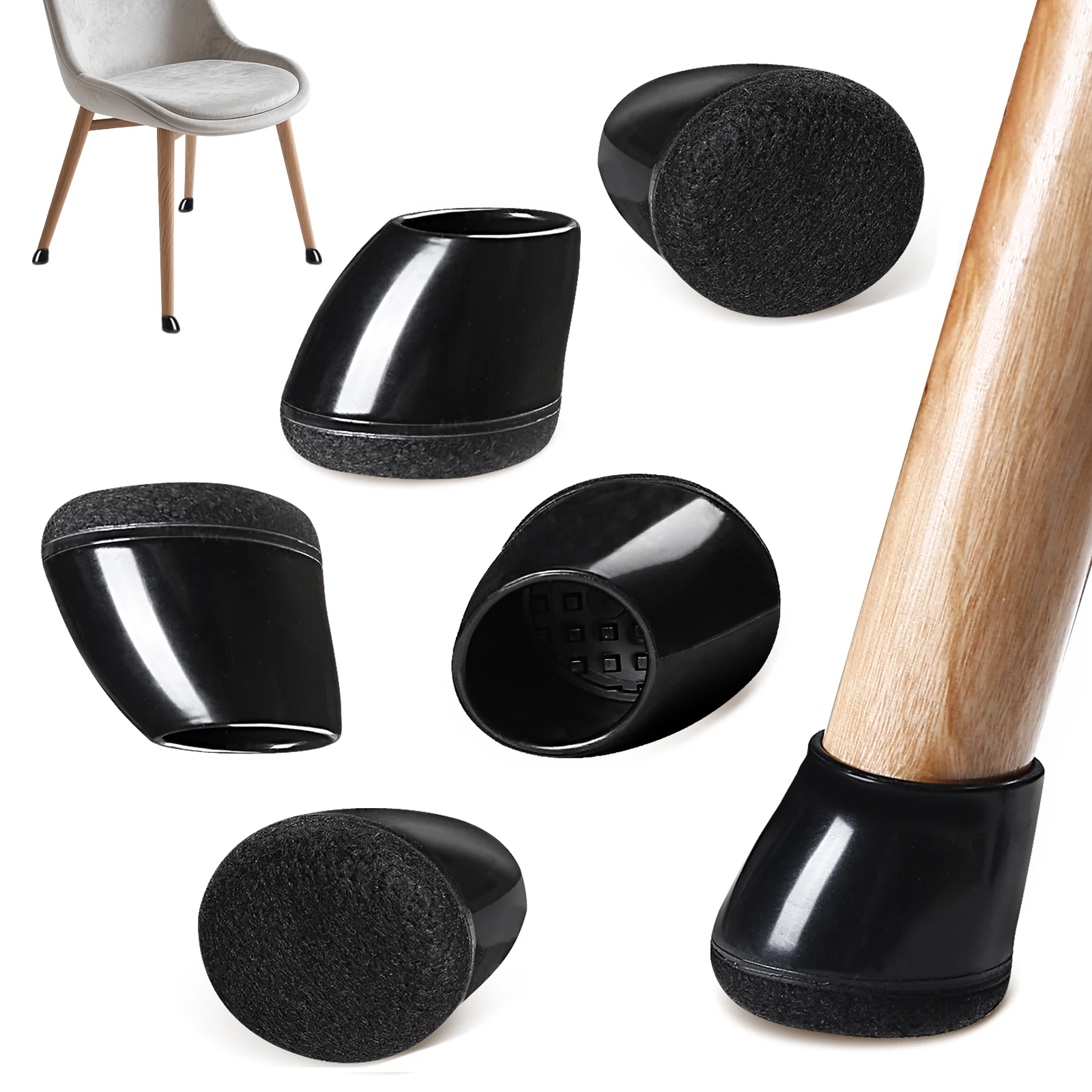 8-Pack Black Silicone Slanted Chair Leg Floor Protectors with Felt Pads