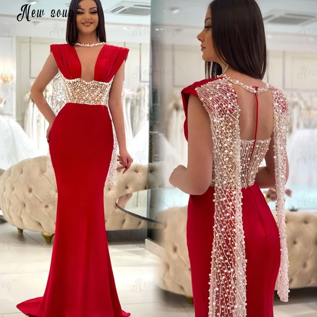 Red Beading Sparkly Unique Ball Gown Round Neck Formal Elegant Long Pr –  AlineBridal