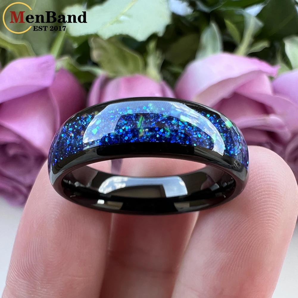 MenBand New Arrivals 6MM Men Women Tungsten Wedding Band Ring Blue Opal Inlay Domed Polished Fashion Gift Jewelry Comfort Fit