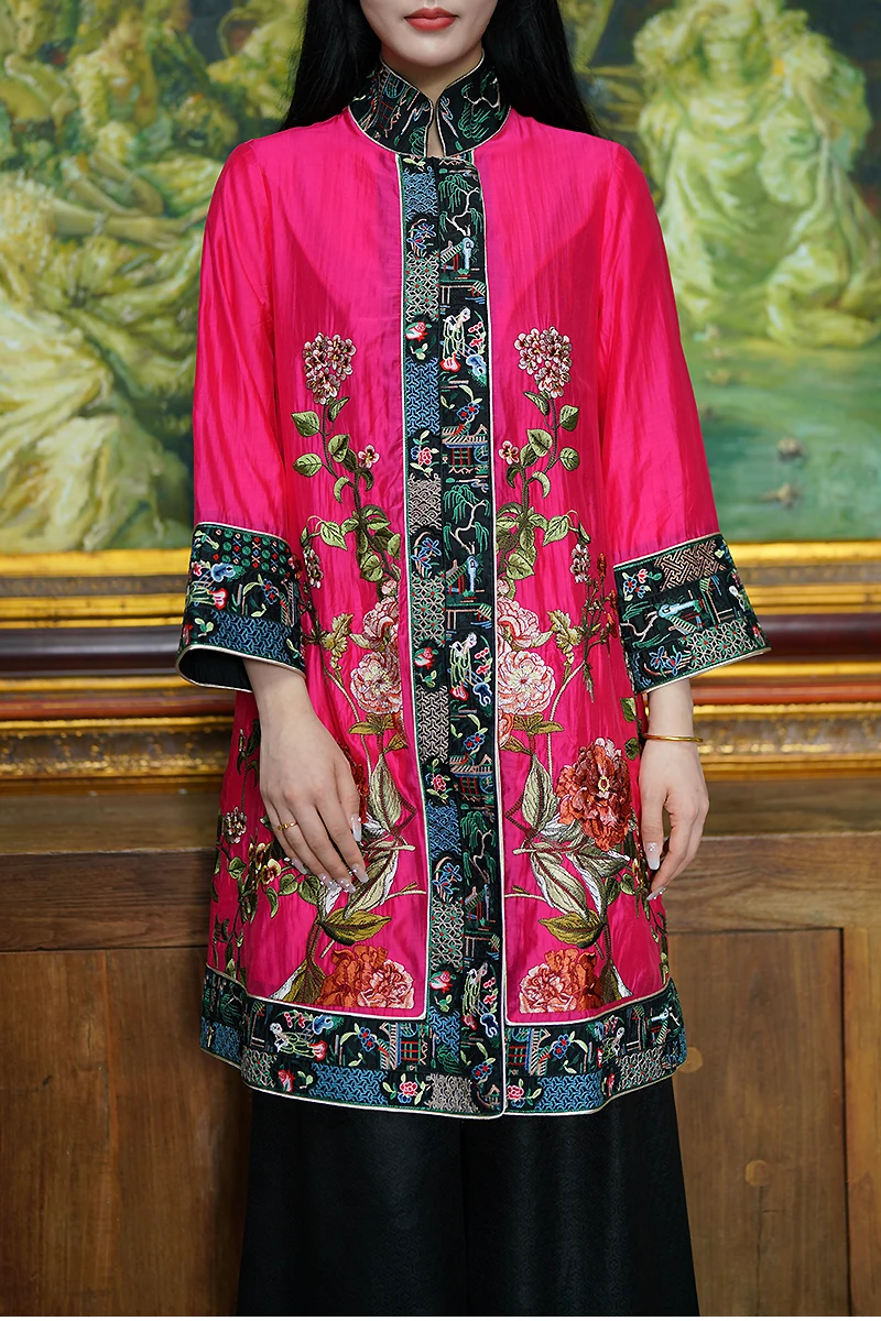 Women's Standing Collar Rayon Embroidered Flower Coat Three Quarter Sleeves Long Top M-XXL