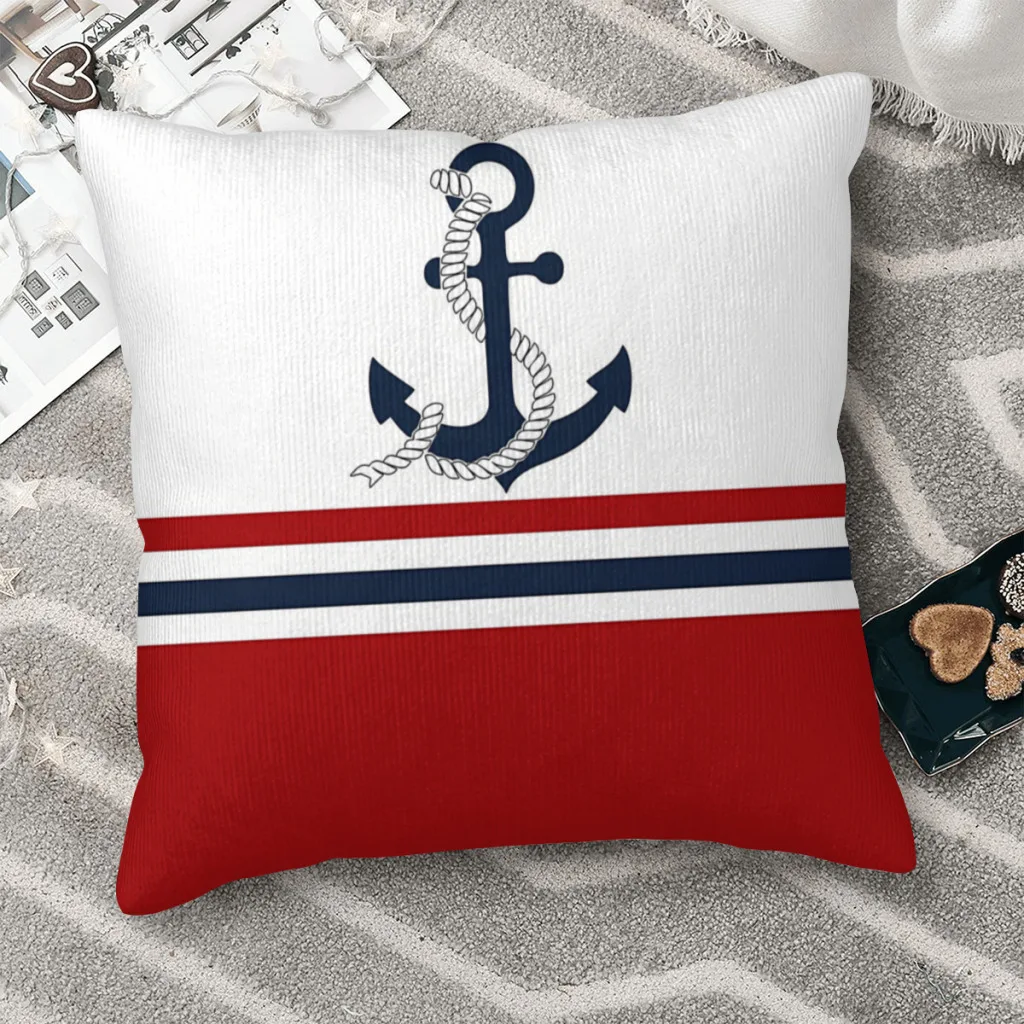

Nautical Blue Anchors with Red and White Stripes Cojines Throw Pillow Case Navigation Cushion Home Sofa Chair Print Decorative
