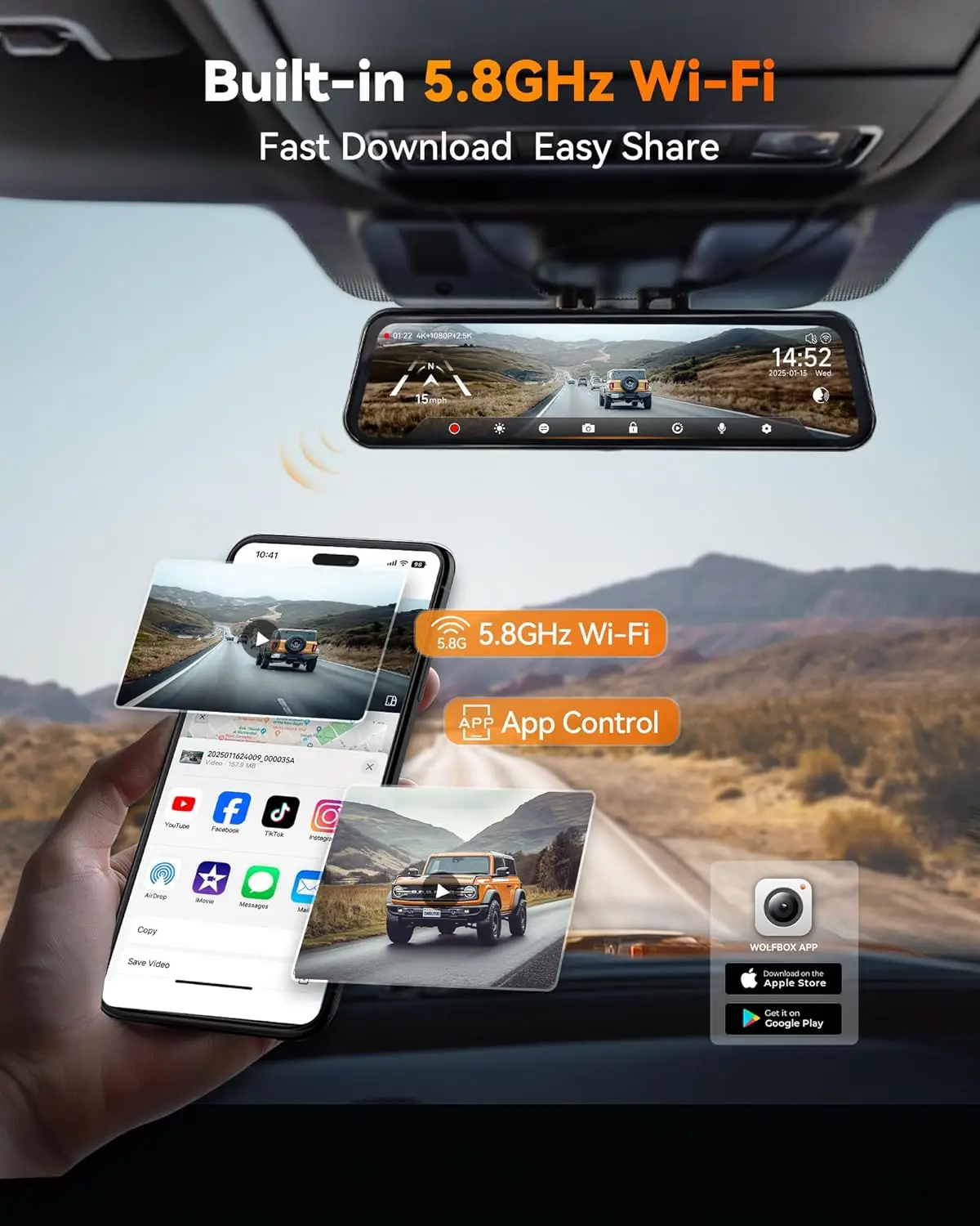 WOLFBOX G900 Tripro バンパー版 3チャンネル 4K バックミラー型