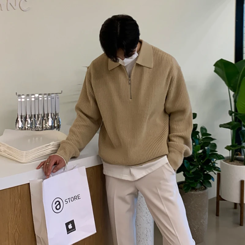 Men Half Zipper Sweater Man Korean Fashion Knitwear Harajuku Knit Sweater Autumn Casual Pullover Long Sleeve Sweatshirts 3 Color