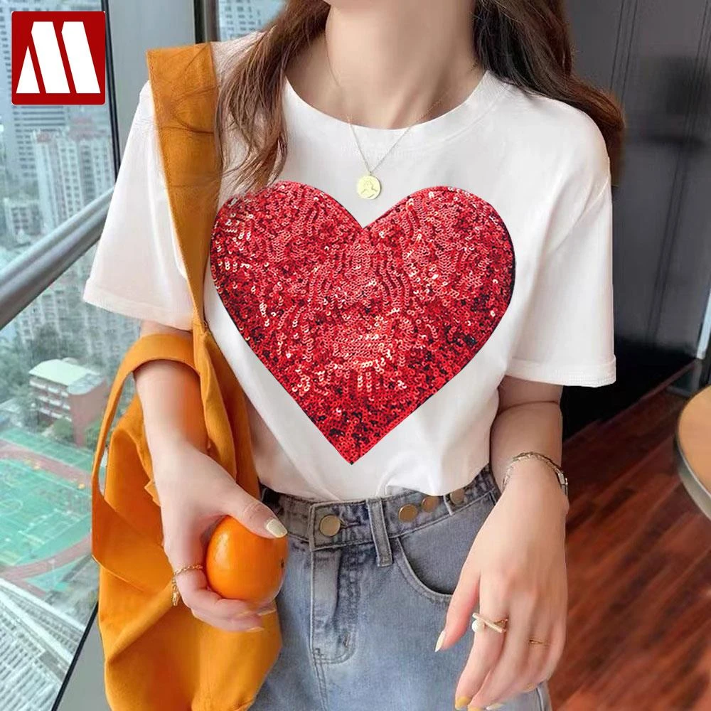 MYDBSH Camiseta Kawaii de para mujer, remera informal de algodón mujer, Tops de corazón rojo con lentejuelas, camisetas Harajuku, Tops mujer 2022|Camisetas| AliExpress