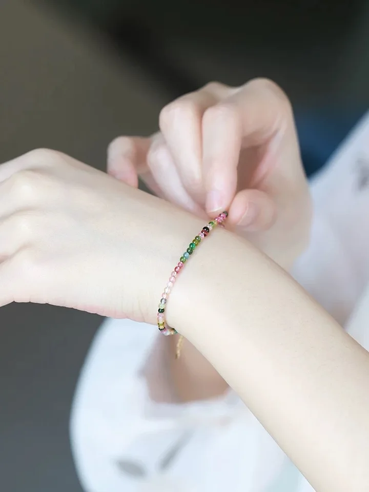 天然トルマリンビーズブレスレット,18Kゴールド,カラフルで豪華な