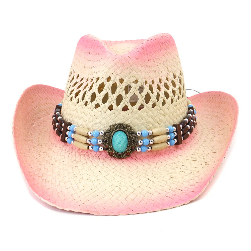 Pink cowboy hat Panama hand-woven hollow straw hat summer vacation