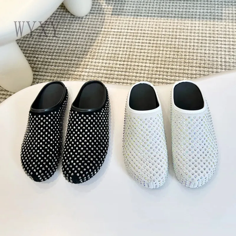 

2024 New Spring and Autumn Anti slip Women's Slippers Casual Genuine Leather Fashion rhinestone Design Flat Shoes 35-40