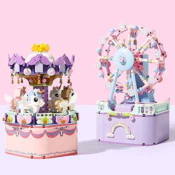 710 sztuk DIY diabelski młyn klocki montaż karuzela obrotowa pozytywka Mini klocki Model miasto prezent dla dzieci