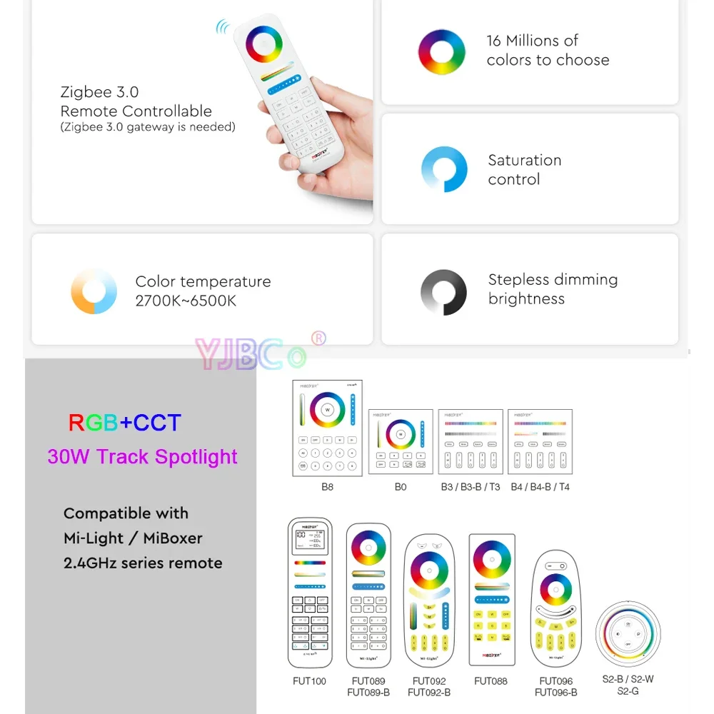 Miboxer RGBCCT Zigbee 3.0 LED 트랙 조명, 투야 앱 2.4G 듀얼 화이트 스포트라이트 레일 타입 천장 RF 리모컨, 110V, 220V, 30W