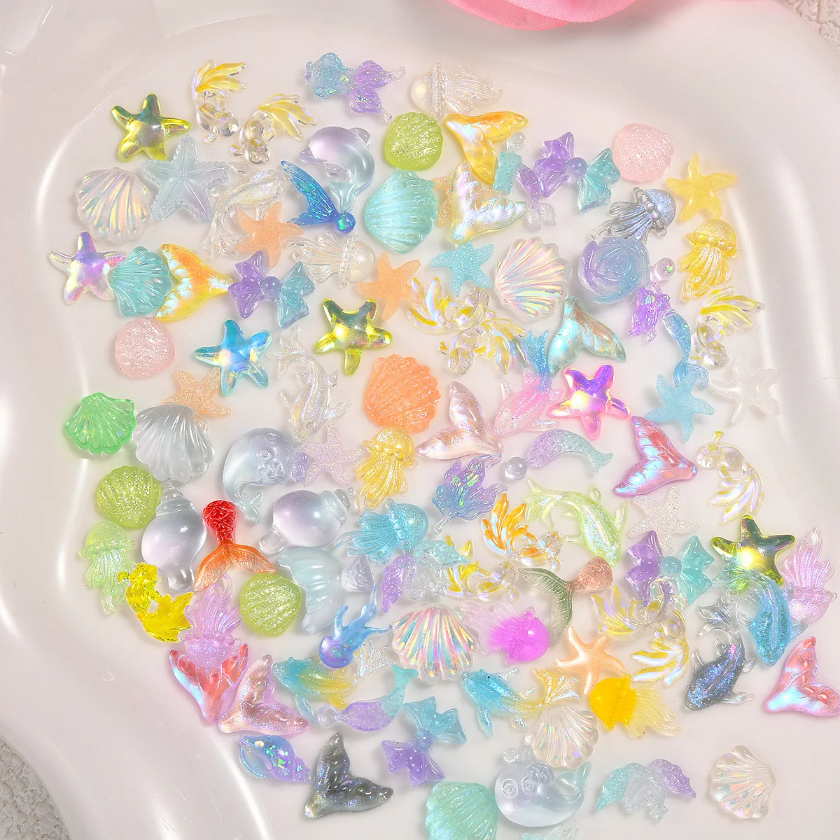 Ocean-Inspired Nail Art Charms Set: Shiny Shells, Sea Stars, Dolphins & Stones