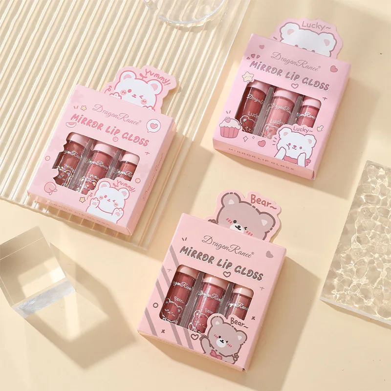 3pcs/set Adorable Bear Mirror Lip Glaze Long-Lasting Non-Fading lip gloss Hydrating Liquid Lipstick Lip Makeup Products 3